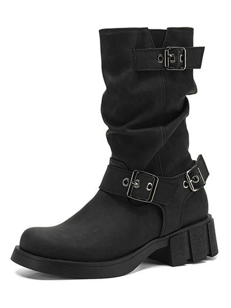 Mehrfarbige Boots mit Blockabsatz und Schnalle
