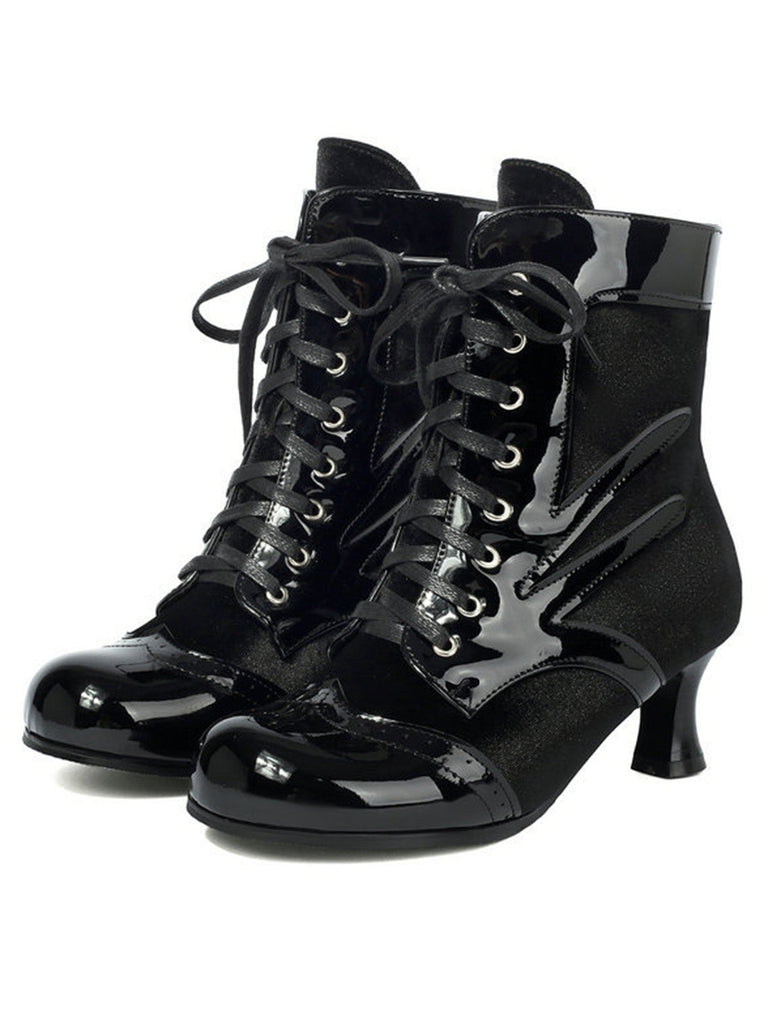 Vintage-Stiefeletten mit Samt und Lackleder