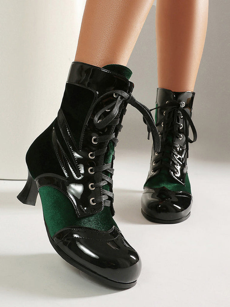 Vintage-Stiefeletten mit Samt und Lackleder