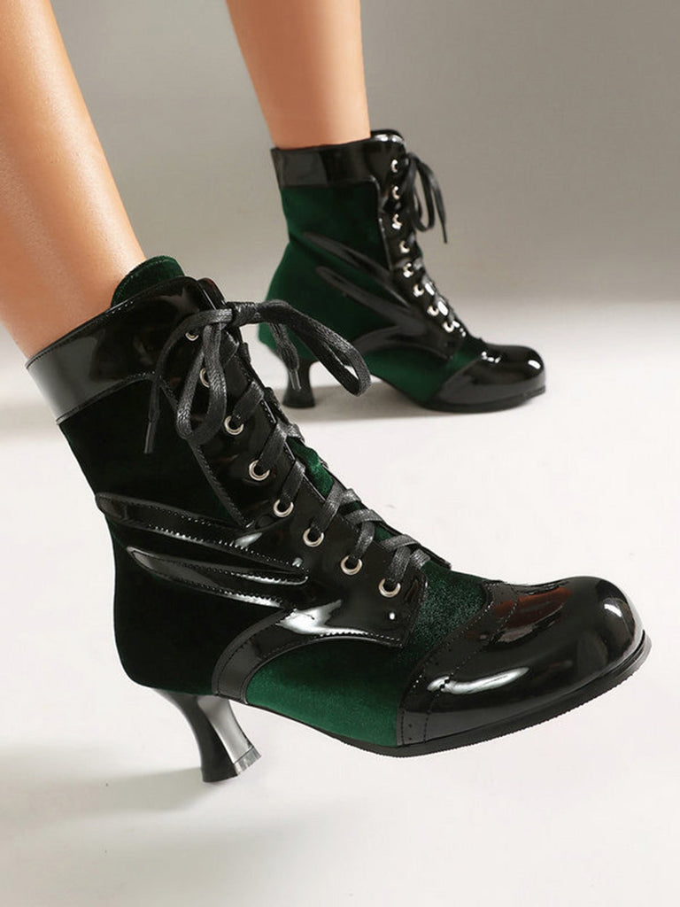 Vintage-Stiefeletten mit Samt und Lackleder
