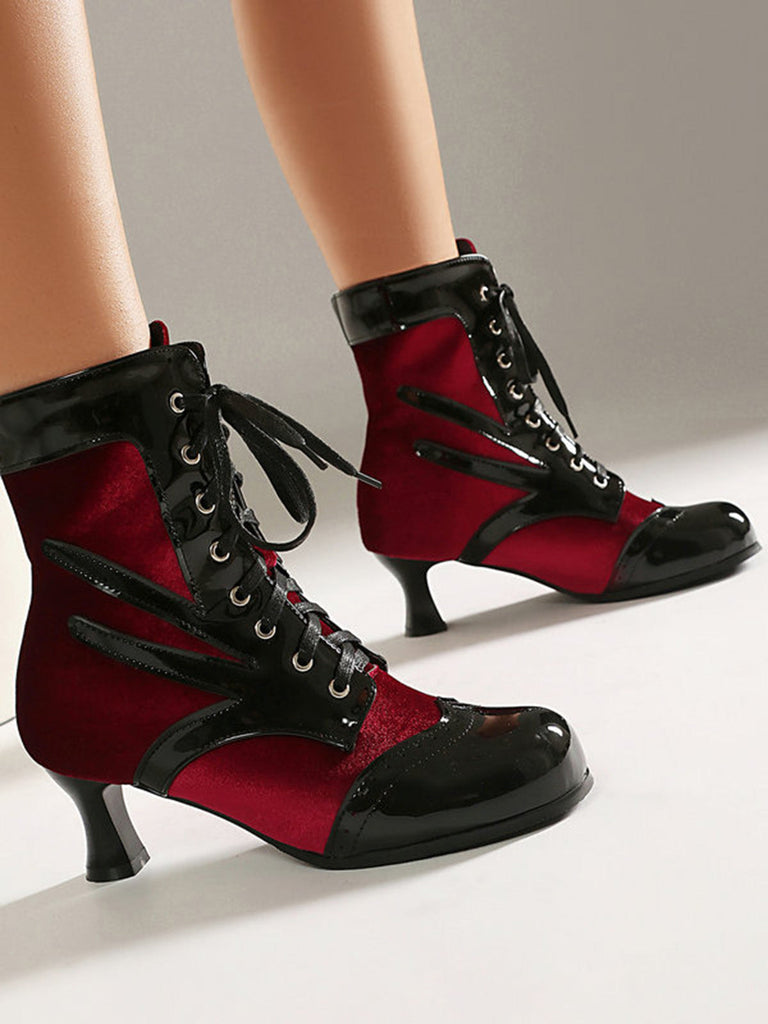 Vintage-Stiefeletten mit Samt und Lackleder