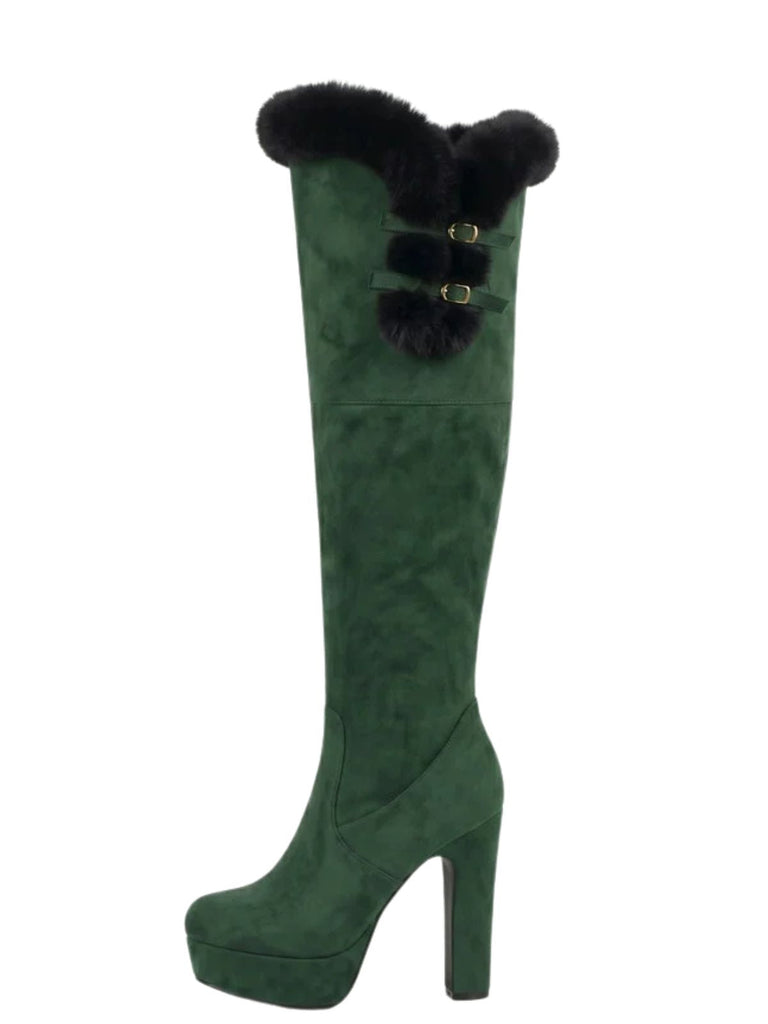 Vintage Overkneestiefel mit Kunstfellbesatz, Schnalle und Blockabsatz