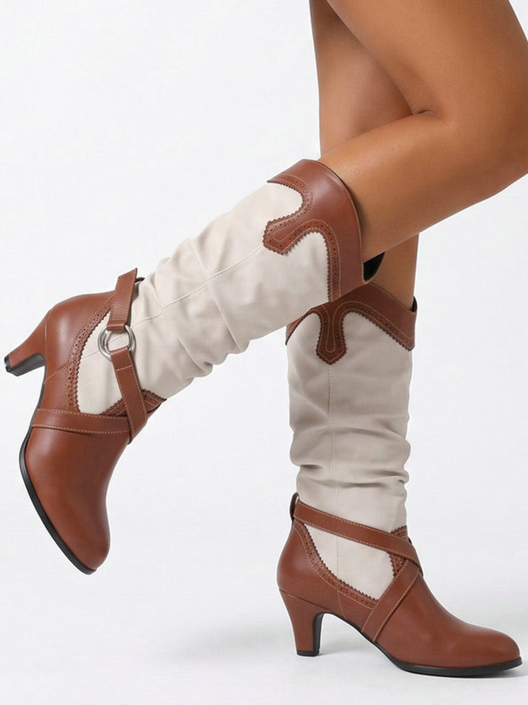 Vintage Western-Boots mit Blockabsatz und zweifarbigem Design