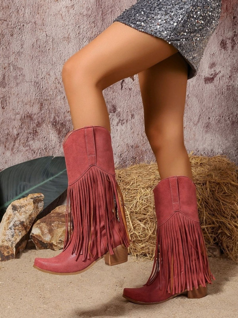 Schwarze Boho-Westernstiefel mit Fransen und Blockabsatz