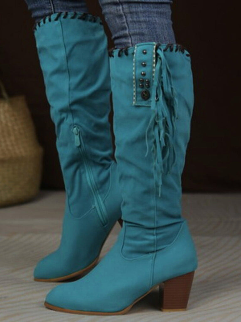 Wildleder-Stiefel mit Fransen, Nieten und Blockabsatz