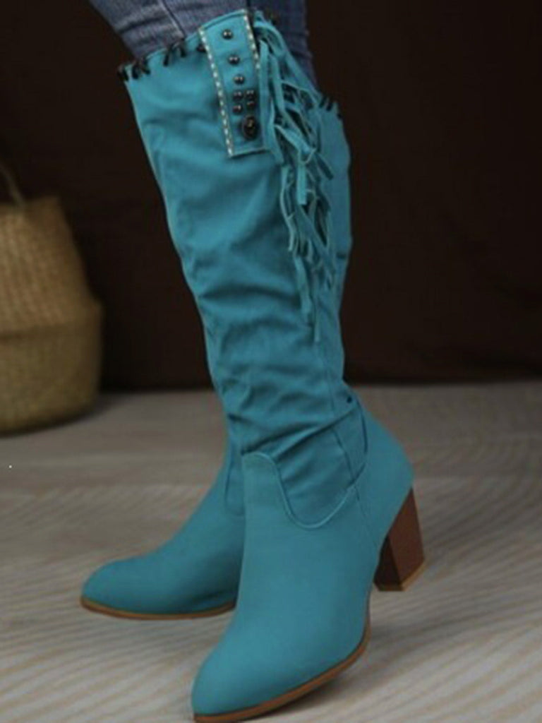 Wildleder-Stiefel mit Fransen, Nieten und Blockabsatz