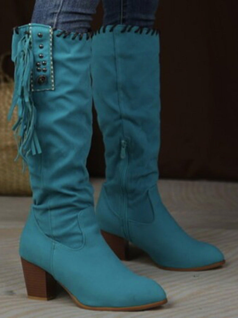 Wildleder-Stiefel mit Fransen, Nieten und Blockabsatz