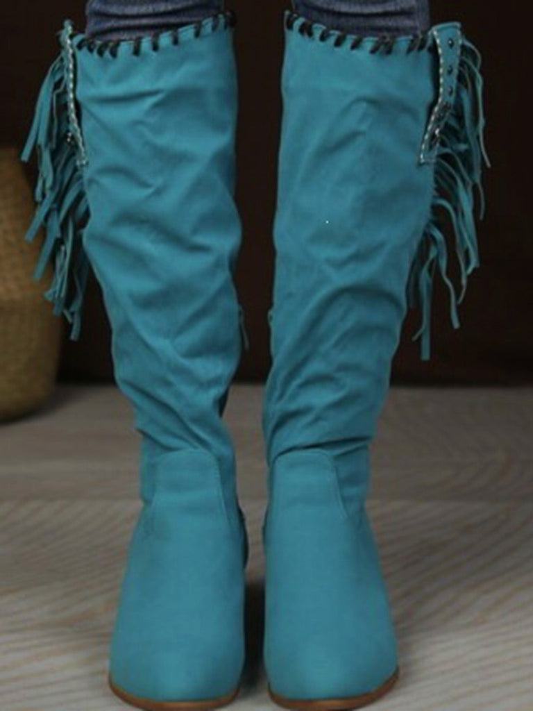 Wildleder-Stiefel mit Fransen, Nieten und Blockabsatz