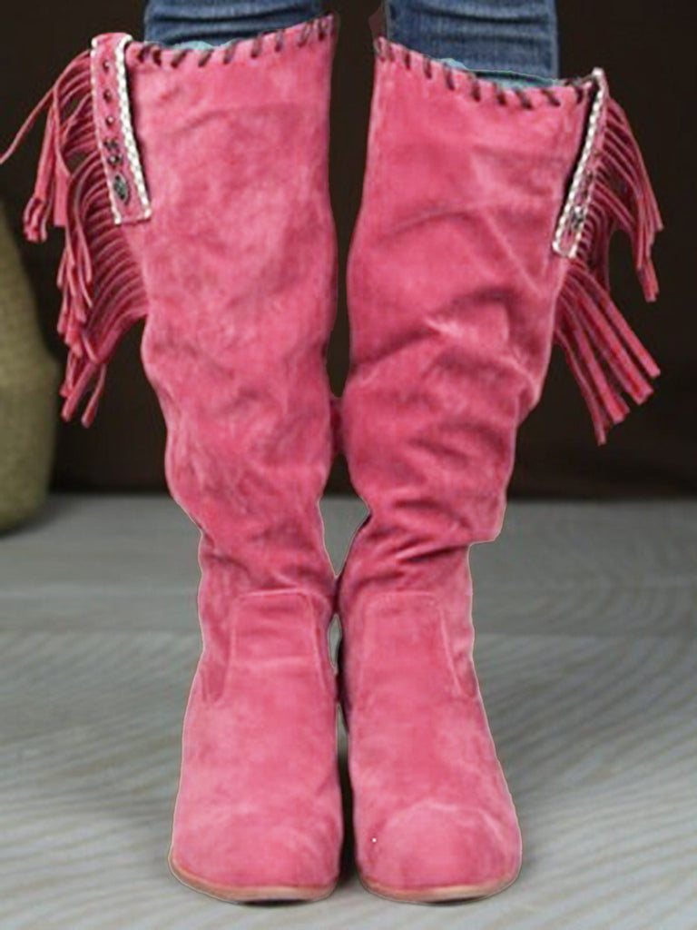 Wildleder-Stiefel mit Fransen, Nieten und Blockabsatz