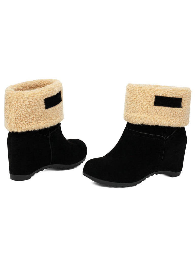 Vintage Stiefeletten in Veloursoptik mit Keilabsatz und Teddybesatz