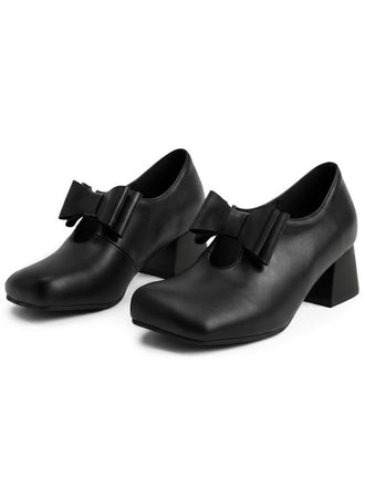 Schwarze Vintage Mary-Jane-Pumps mit Schleife und Blockabsatz