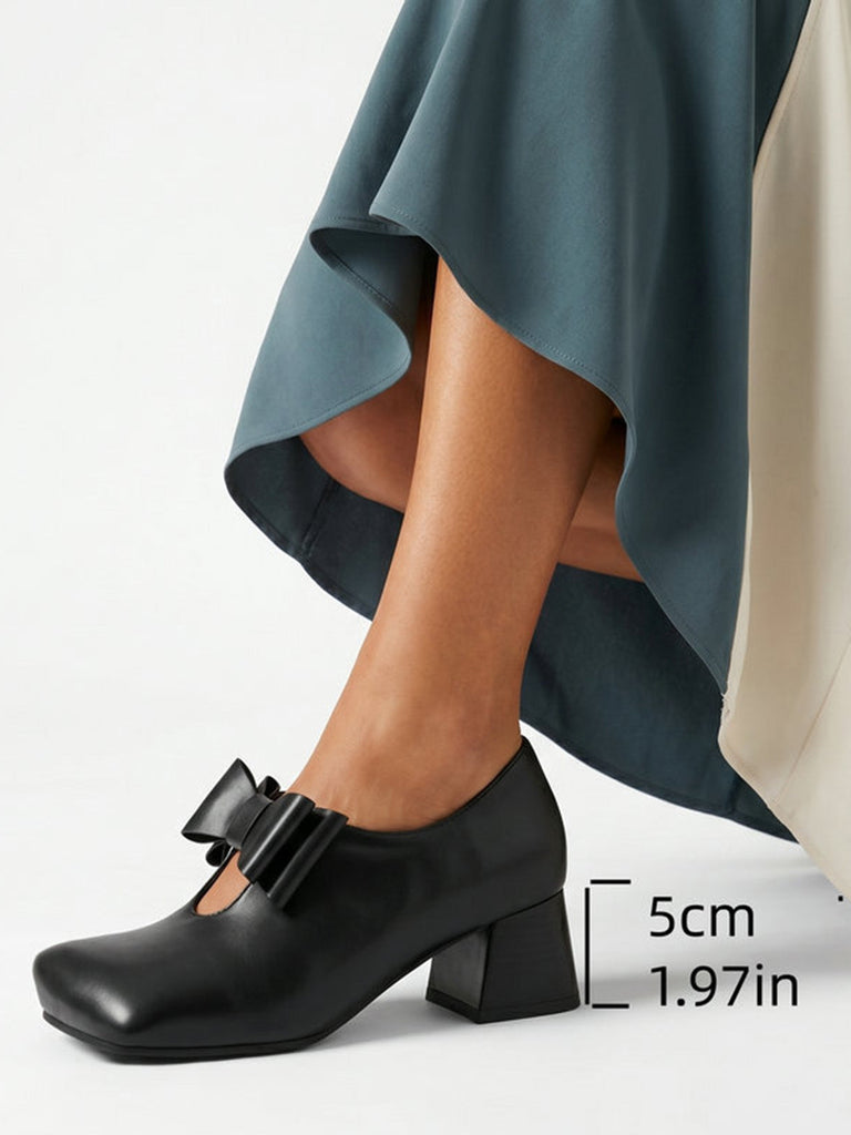 Schwarze Vintage Mary-Jane-Pumps mit Schleife und Blockabsatz
