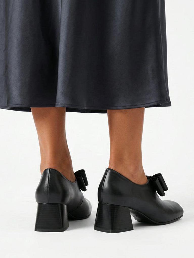 Schwarze Vintage Mary-Jane-Pumps mit Schleife und Blockabsatz