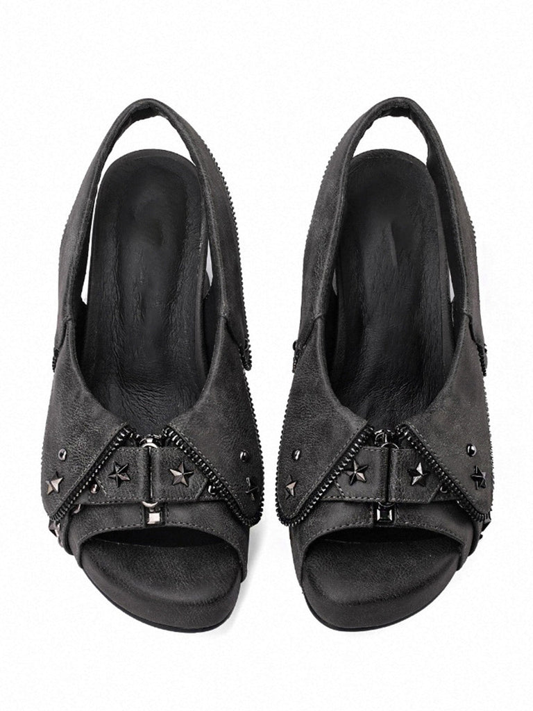 Plateau-Slingback-Sandalen aus Batik-Denim mit Sternnieten