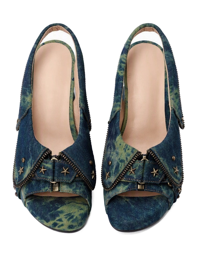 Plateau-Slingback-Sandalen aus Batik-Denim mit Sternnieten