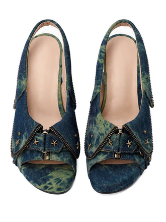 Plateau-Slingback-Sandalen aus Batik-Denim mit Sternnieten