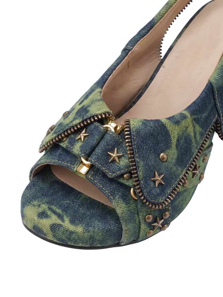 Plateau-Slingback-Sandalen aus Batik-Denim mit Sternnieten