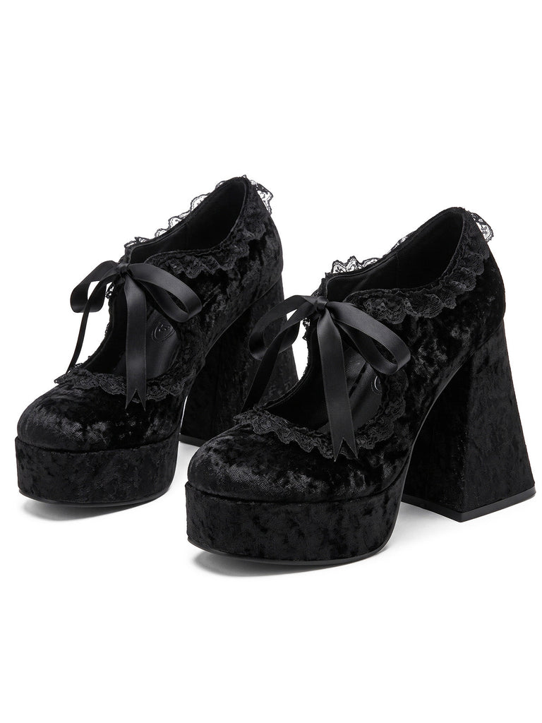 Samt-Mary-Jane-Pumps mit Schleife und Plateau