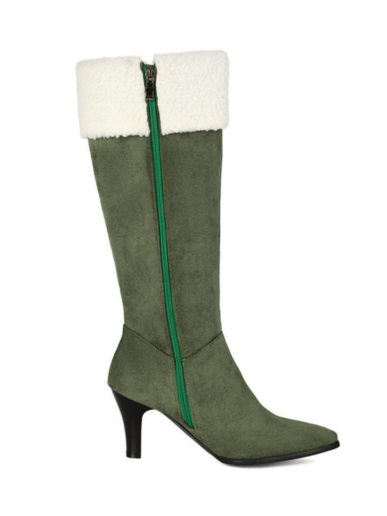 Vintage-Stiefel in Veloursoptik mit Weihnachtsbaumstickerei und hohem Absatz