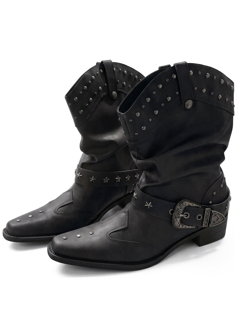 Spitze Vintage-Westernstiefeletten mit Nieten und Schnalle