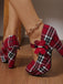 Rote karierte Mary-Jane-Pumps mit Schmetterling und Plateausohle