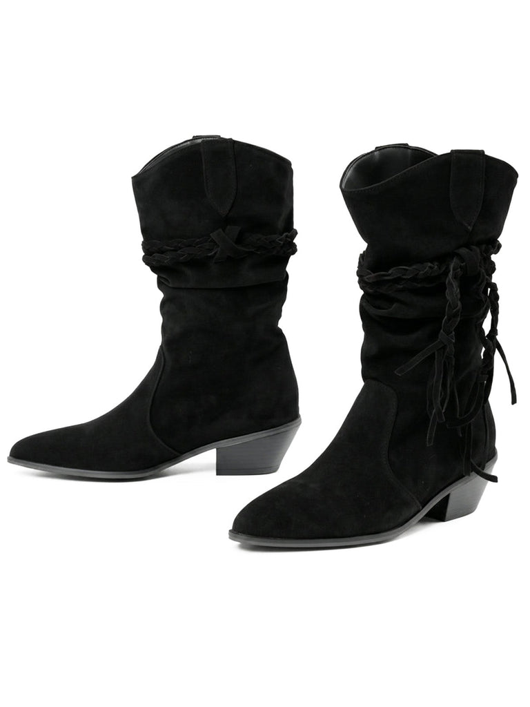 Schwarze wadenhohe Vintage-Westernstiefel aus Velours mit Flechtriemen