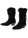 Schwarze wadenhohe Vintage-Westernstiefel aus Velours mit Flechtriemen