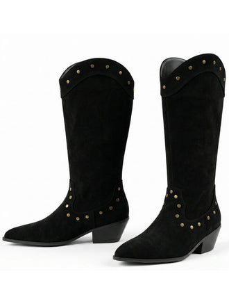 Schwarze beflockte Westernstiefel mit Nieten und spitzer Kappe