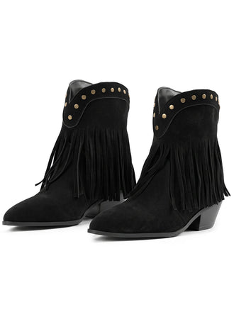 Schwarze halbhohe Westernstiefel mit Fransen und Nieten