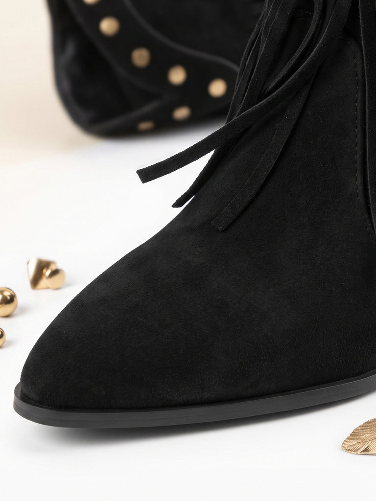 Schwarze halbhohe Westernstiefel mit Fransen und Nieten