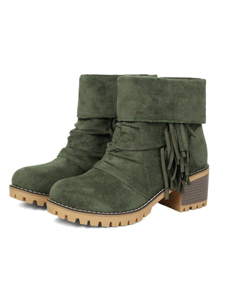 Vintage-Umschlagstiefel in Veloursoptik mit Fransen und Blockabsatz