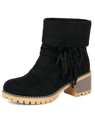 Vintage-Umschlagstiefel in Veloursoptik mit Fransen und Blockabsatz