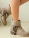 Vintage-Umschlagstiefel in Veloursoptik mit Fransen und Blockabsatz