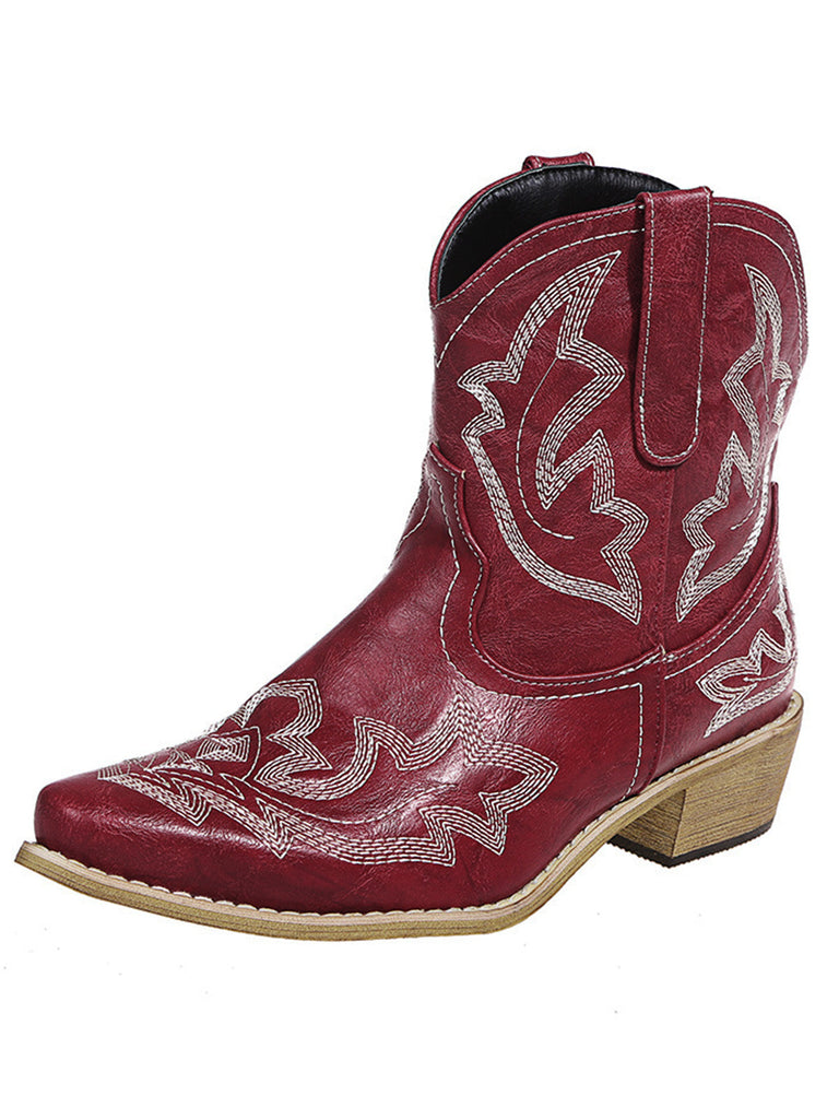 Vintage-Western-Stiefeletten mit Stickerei und spitzer Kappe