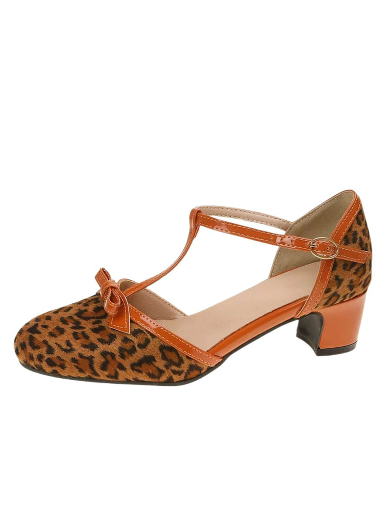 Vintage-T-Riemen-Pumps mit Schleife und Blockabsatz
