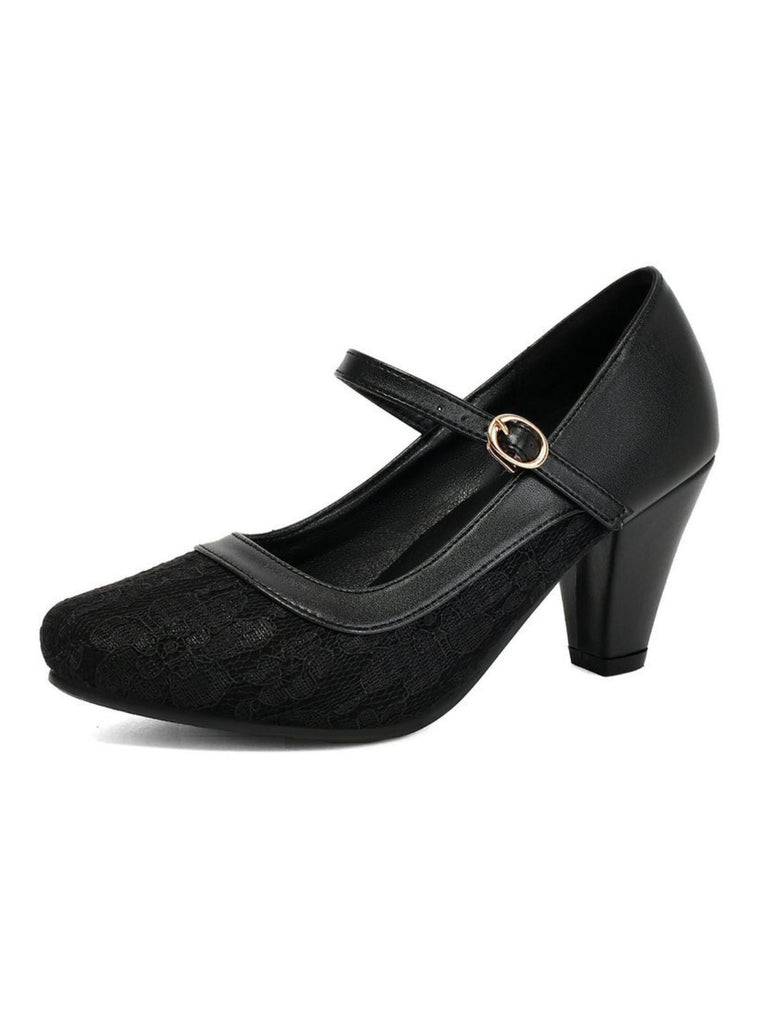 Vintage Mary-Jane-Pumps mit Spitze, Schnallenriemen und Blockabsatz