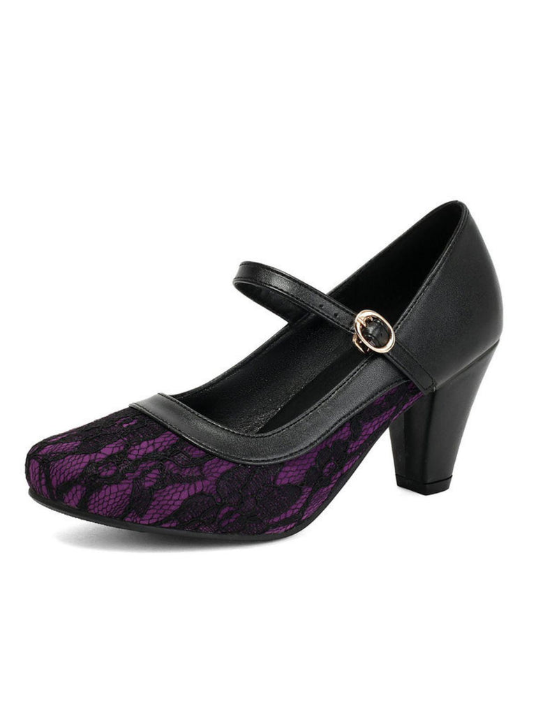 Vintage Mary-Jane-Pumps mit Spitze, Schnallenriemen und Blockabsatz