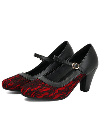 Vintage Mary-Jane-Pumps mit Spitze, Schnallenriemen und Blockabsatz