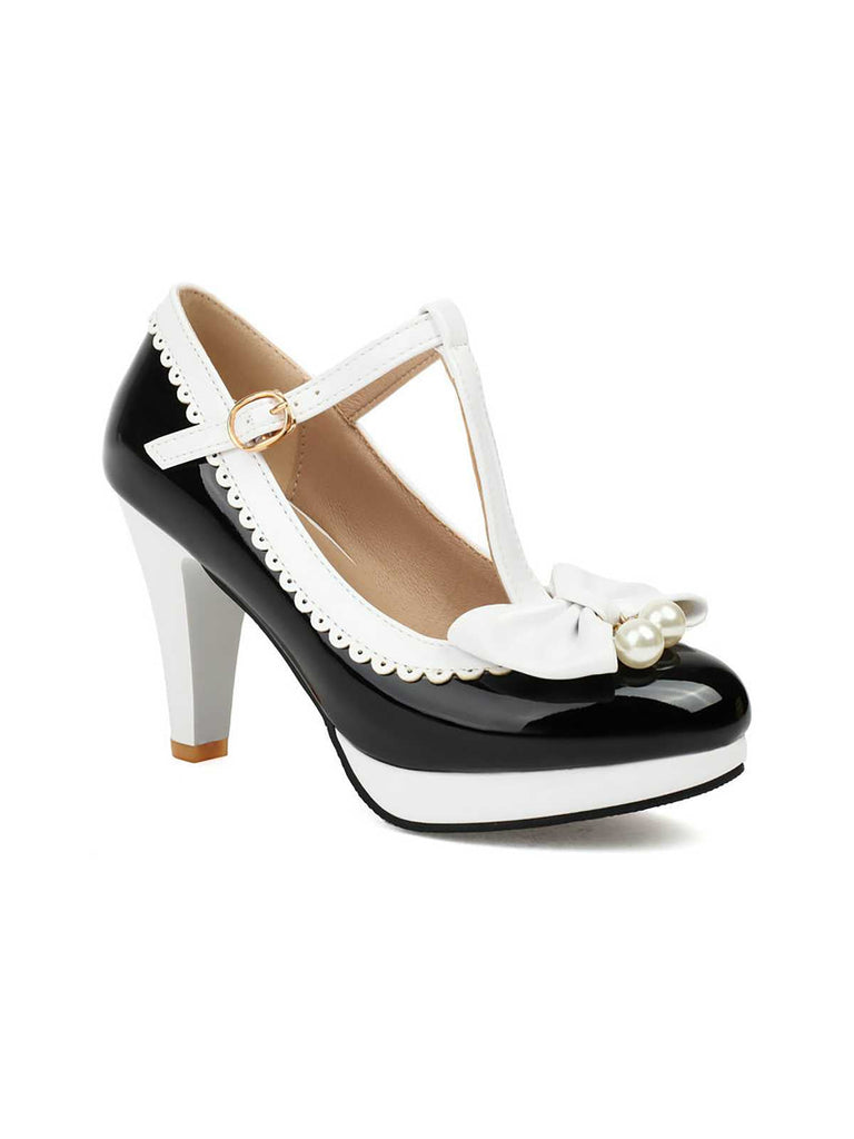Retro Bogen Perle T-Riemen Kontrast High Heels