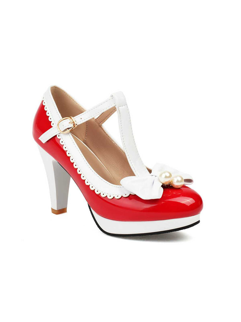 Retro Bogen Perle T-Riemen Kontrast High Heels