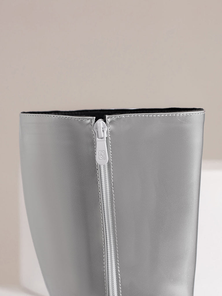 Solide Patent Leder Round Toe Hoher Absatz Stiefel