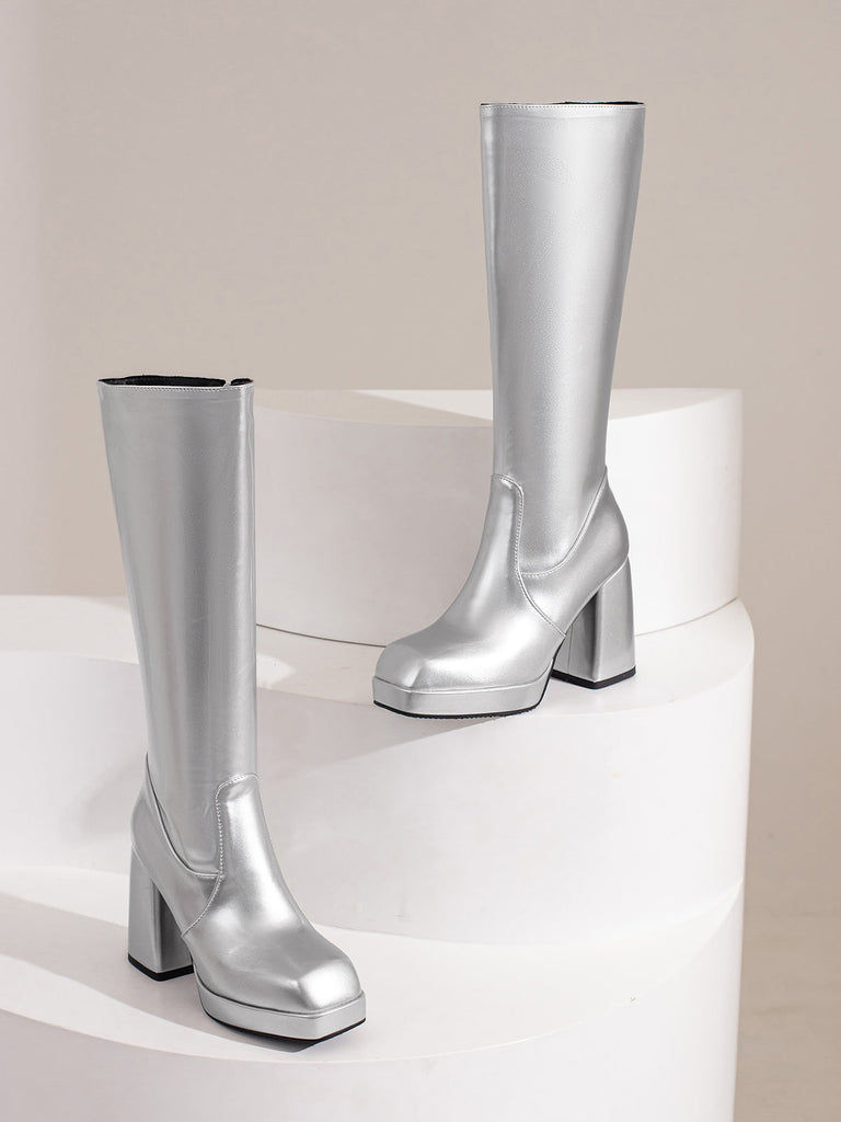 Solide Patent Leder Round Toe Hoher Absatz Stiefel