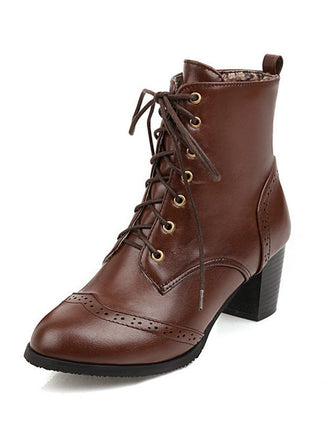 Dunkelbraune Retro Leder Medium Heel Schnürung Combat Kampfstiefel