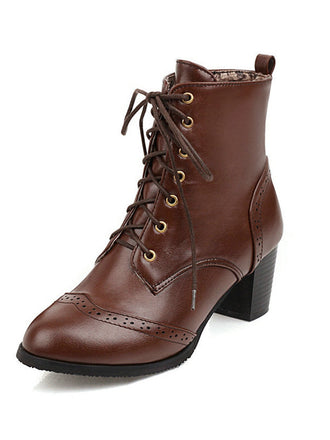 Dunkelbraune Retro Leder Medium Heel Schnürung Combat Kampfstiefel