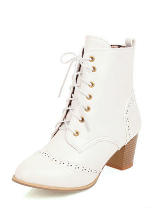 Weißes Retro Leder Medium Heel Schnürung Combat Kampfstiefel