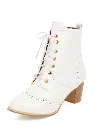 Weißes Retro Leder Medium Heel Schnürung Combat Kampfstiefel