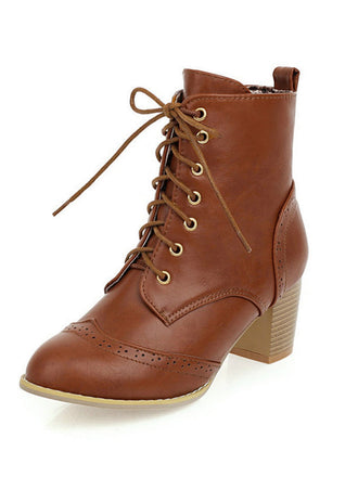 Braunes Retro Leder Medium Heel Schnürung Combat Kampfstiefel
