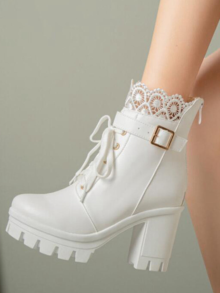 Leder Spitze Patchwork High Heel Ankle Stiefel
