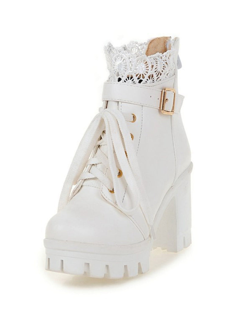 Leder Spitze Patchwork High Heel Ankle Stiefel