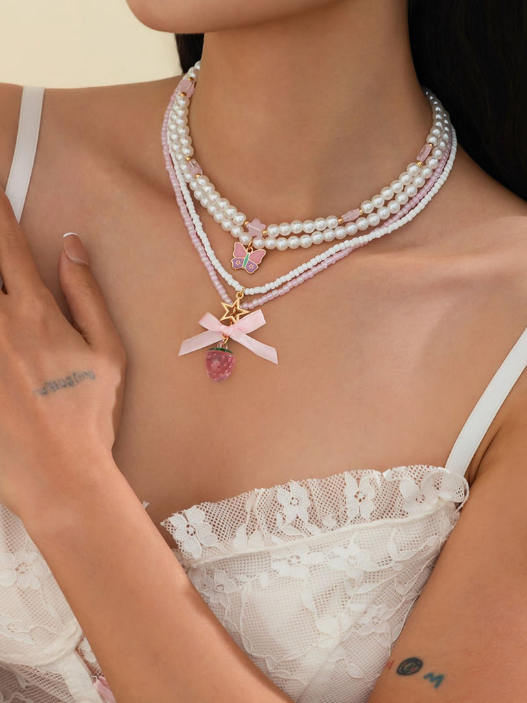 Rosa & Weiß Perle Bogen Schmetterling Halsketten Set